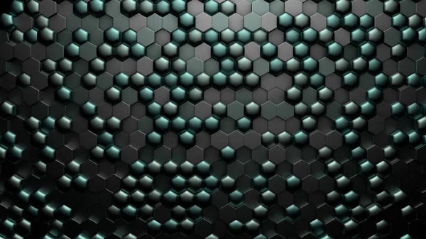 Green black metallic background with hexagons. 3d illustration, 3d rendering.