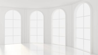 Beyaz, içi boş, pencereleri ve arka planı olan beyaz bir oda. 3d il