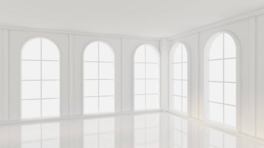 Beyaz, içi boş, pencereleri ve arka planı olan beyaz bir oda. 3d il