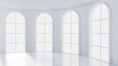 Beyaz, içi boş, pencereleri ve arka planı olan beyaz bir oda. 3d il