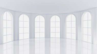 Beyaz, içi boş, pencereleri ve arka planı olan beyaz bir oda. 3d illüstrasyon, 3d canlandırma.