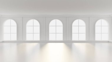 Beyaz, içi boş, pencereleri ve arka planı olan beyaz bir oda. 3d il