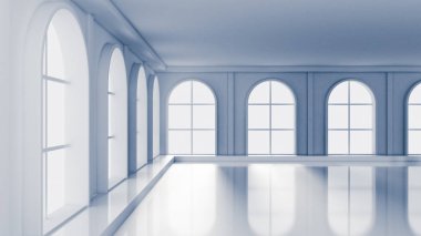 Beyaz, içi boş, pencereleri ve arka planı olan beyaz bir oda. 3d illüstrasyon, 3d canlandırma.