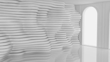 Beyaz, içi boş, pencereleri ve arka planı olan beyaz bir oda. 3d il