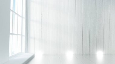 Beyaz, içi boş, pencereleri ve arka planı olan beyaz bir oda. 3d il