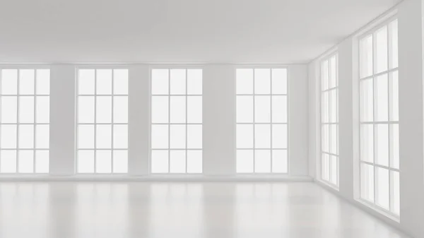 White empty interior, white room with windows, background. 3d il — ストック写真
