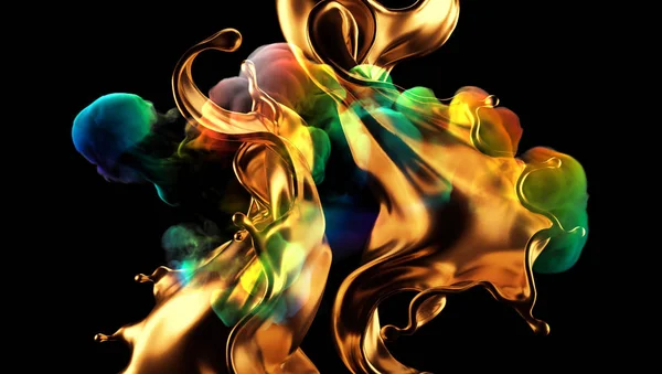 Splash av guld och rök regnbåge färg på en svart bakgrund. 3d — Stockfoto