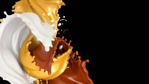 Krásné, sladké, chutné pozadí šplouchání čokolády, mléka a medu. 3D ilustrace, 3D vykreslování. — Stock fotografie