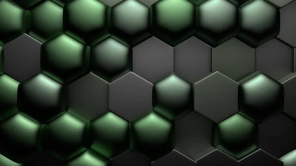 Grön svart metallic bakgrund med hexagoner. 3D-illustration, 3D-återgivning. — Stockfoto