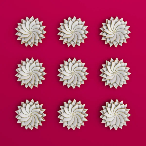 Beyaz bir duvarda el yapımı güzel, zarif bir kağıt çiçek. 3d illüstrasyon, 3d canlandırma. — Stok fotoğraf