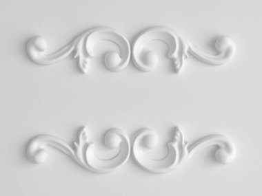 Lüks alçı taşı dekorasyon unsuru, duvar konsepti sıva, iç mimari desen. 3d illüstrasyon, 3d canlandırma.