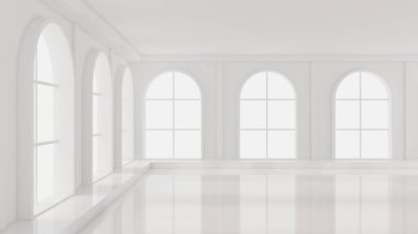 Beyaz, içi boş, pencereleri ve arka planı olan beyaz bir oda. 3d il