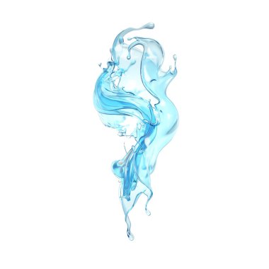 Beyaz arka planda su sıçraması izole edilmiş. 3d illüstrasyon, 3d canlandırma.