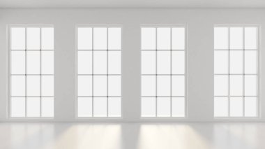 Beyaz, içi boş, pencereleri ve arka planı olan beyaz bir oda. 3d illüstrasyon, 3d canlandırma.