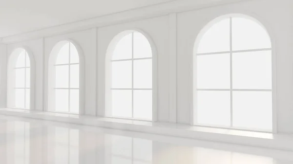 White empty interior, white room with windows, background. 3d il