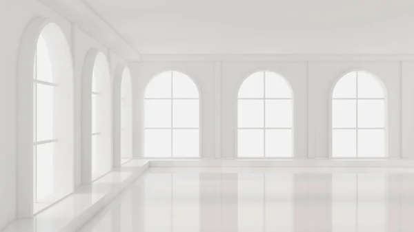 Beyaz, içi boş, pencereleri ve arka planı olan beyaz bir oda. 3d il — Stok fotoğraf