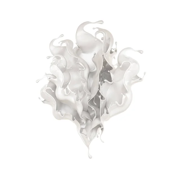 Splash de leite sobre um fundo branco isolado. Ilustração 3d, renderização 3d . — Fotografia de Stock