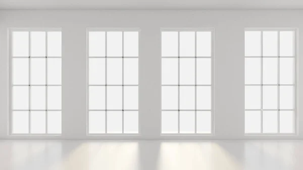 White empty interior, white room with windows, background. 3d illustration, 3d rendering. — Stock Photo, Image