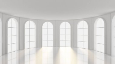 Beyaz, içi boş, pencereleri ve arka planı olan beyaz bir oda. 3d il