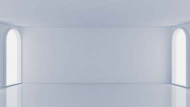 Beyaz, içi boş, pencereleri ve arka planı olan beyaz bir oda. 3d il