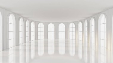 Beyaz, içi boş, pencereleri ve arka planı olan beyaz bir oda. 3d illüstrasyon, 3d canlandırma.