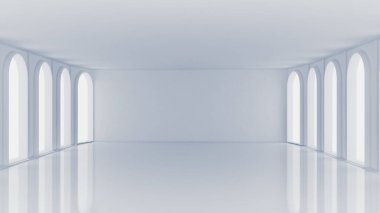 Beyaz, içi boş, pencereleri ve arka planı olan beyaz bir oda. 3d illüstrasyon, 3d canlandırma.