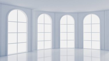 Beyaz, içi boş, pencereleri ve arka planı olan beyaz bir oda. 3d illüstrasyon, 3d canlandırma.