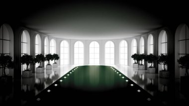 İçi bomboş, kasvetli bir karanlık. 3d illüstrasyon, 3d canlandırma.