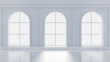 Beyaz, içi boş, pencereleri ve arka planı olan beyaz bir oda. 3d illüstrasyon, 3d canlandırma.