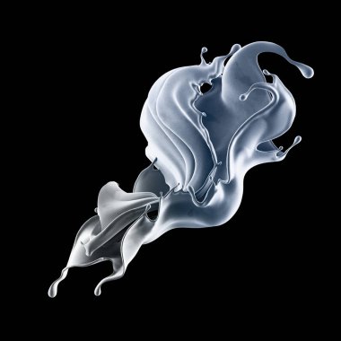 Güzel gizemli sıvı sıçraması, izole edilmiş siyah. 3d illüstrasyon, 3d canlandırma.