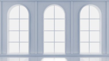Beyaz, içi boş, pencereleri ve arka planı olan beyaz bir oda. 3d il
