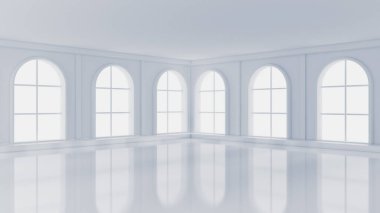 Beyaz, içi boş, pencereleri ve arka planı olan beyaz bir oda. 3d il