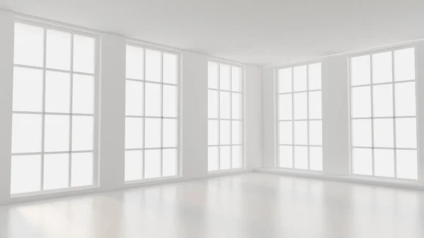 White empty interior, white room with windows, background. 3d il — ストック写真