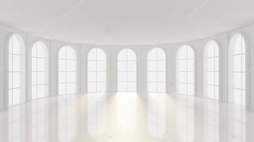 White empty interior, white room with windows, background. 3d il