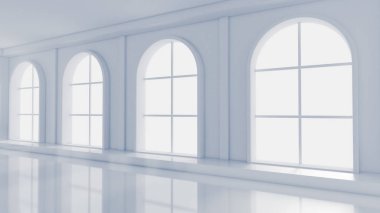Beyaz, içi boş, pencereleri ve arka planı olan beyaz bir oda. 3d illüstrasyon, 3d canlandırma.