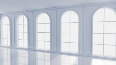 Beyaz, içi boş, pencereleri ve arka planı olan beyaz bir oda. 3d illüstrasyon, 3d canlandırma.
