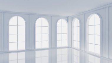Beyaz, içi boş, pencereleri ve arka planı olan beyaz bir oda. 3d illüstrasyon, 3d canlandırma.