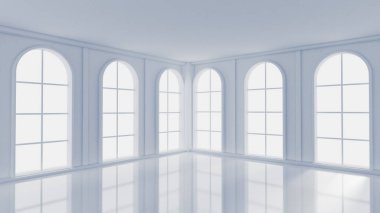 Beyaz, içi boş, pencereleri ve arka planı olan beyaz bir oda. 3d illüstrasyon, 3d canlandırma.