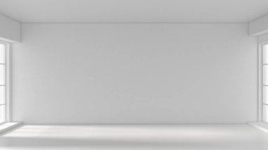 Beyaz, içi boş, pencereleri ve arka planı olan beyaz bir oda. 3d il