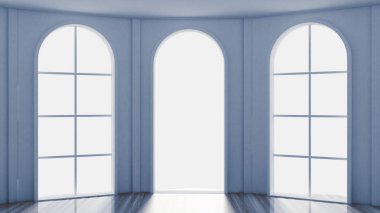 Beyaz, içi boş, pencereleri ve arka planı olan beyaz bir oda. 3d il