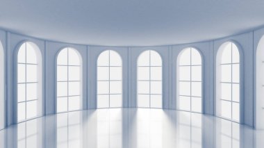 Beyaz, içi boş, pencereleri ve arka planı olan beyaz bir oda. 3d il