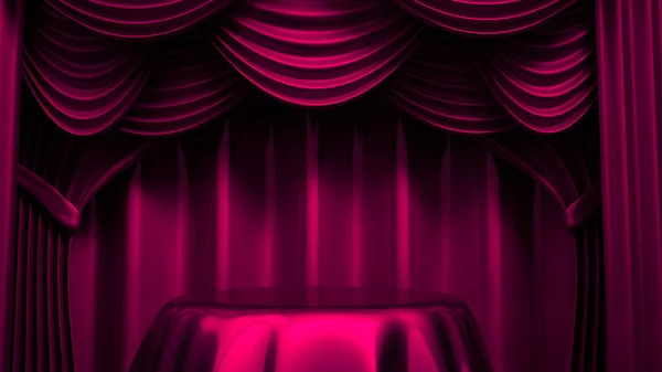 Beautiful, abstract background with curtain fabric, drape, pedestal, banner, frame. 3d illustration, 3d rendering. — Stock Photo, Image