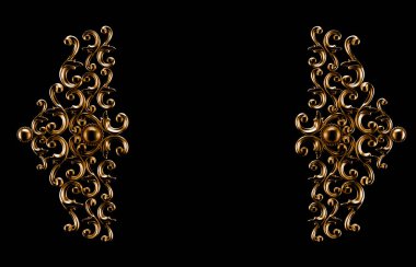 Altın, gümüş süsleme unsuru, duvar konsepti sıva, iç mimari desen. 3d illüstrasyon, 3d canlandırma.