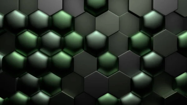 Grün-schwarzer metallischer Hintergrund mit Sechsecken. 3D Illustration, 3D Rendering. — Stockfoto