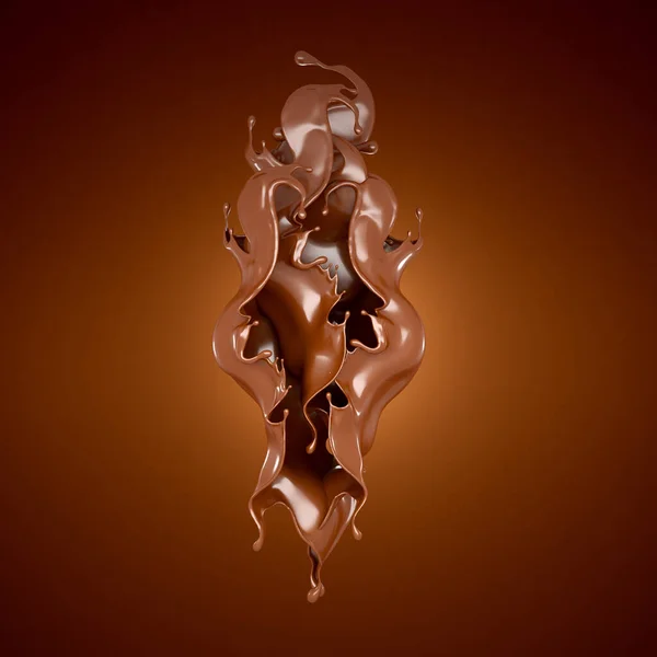 茶色の背景にチョコレートのスプラッシュ。3Dイラスト, 3Dレンダリング. — ストック写真