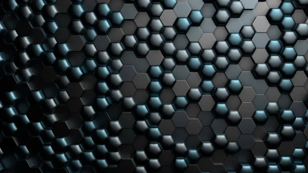 Blue black metallic background with hexagons. 3d illustration, 3