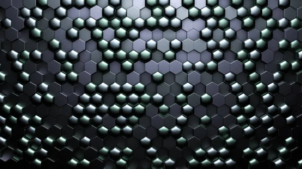 Green black metallic background with hexagons. 3d illustration,