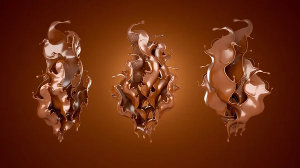 茶色の背景にチョコレートのスプラッシュ。3Dイラスト, 3Dレンダリング. — ストック写真