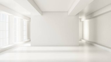 Beyaz iç oda. 3d illüstrasyon, 3d canlandırma.