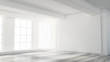 Beyaz iç oda. 3d illüstrasyon, 3d canlandırma.